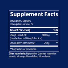 Load image into Gallery viewer, A dark blue square graphic showing a supplement facts label with white text. The label reads 'Supplement Facts' and lists 'Shilajit Extract 20:1' at 1000mg and 'ConcenTrace Trace Minerals' at 25mg, with other ingredients listed below.