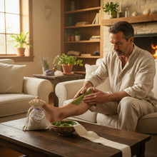 Load image into Gallery viewer, Man applying poultice with a beige fabric drawstring pouch with a round white label reading 'COMFREY POULICE' tied with a purple ribbon. Sitting on his couch with leg on the coffee table.