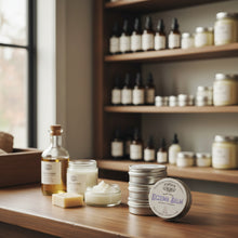 Load image into Gallery viewer, Healing Leaf Apothecary Baby Safe Eczema Balm displayed with handcrafted herbal salves in apothecary setting