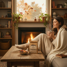 Load image into Gallery viewer, A woman sitting by a fireplace on a couch sipping her Immune Boost tea.