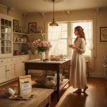 Load image into Gallery viewer, Woman in a practical magic kitchen with love potion tea bag sipping a cup of the tea.