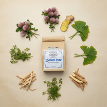 Load image into Gallery viewer, Invigorating Lymphatic Flow herbal tea with cleavers, red clover, burdock root, and ginger arranged around package in botanical flat lay
