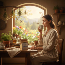 Load image into Gallery viewer, Person enjoying Invigorating Lymphatic Flow herbal tea as part of a daily wellness routine supporting healthy lymphatic flow