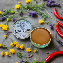 Load image into Gallery viewer, Ache Relief herbal salve with botanical ingredients lavender, cayenne, and St John's wort, arranged around tin in flat lay