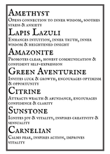Load image into Gallery viewer, List of gemstones with their properties on a white background