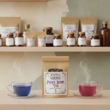 Load image into Gallery viewer, Bag of Faerie Berry Tea on an apothecary shelf with the color changing tea in cups.