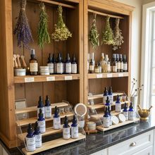 Load image into Gallery viewer, Six cobalt blue glass dropper bottles with white labels are arranged on a wooden display stand. The bottles have black droppers and are labeled with white labels.