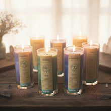 Load image into Gallery viewer, Set of colorful candles with labels on a wooden shelf