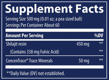Load image into Gallery viewer, Supplement facts label with Shilajit resin and Concentrace Trace Minerals on a blue background
