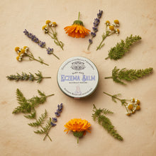 Load image into Gallery viewer, Baby Safe Eczema Balm herbal salve with lavender chamomile horsetail calendula arranged around tin in flat lay
