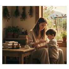 Load image into Gallery viewer, Mother applying Bug Bite Balm herbal salve as part of a natural body care routine
