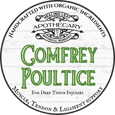 Comfrey poultice label with 'Healing Leaf Apothecary' branding on a white background.