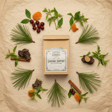 Load image into Gallery viewer, A kraft paper pouch of Fortifying Immune Support Daily Boosting Brew with a clear window showing the contents, set against a weathered parchment background.
