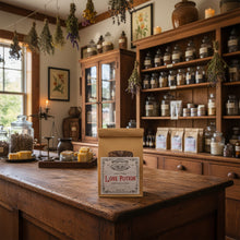 Load image into Gallery viewer, A kraft paper pouch labeled 'Love Potion' in an Apothecary, setting
