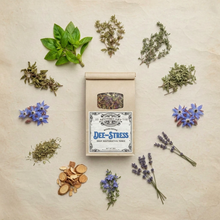 Load image into Gallery viewer, A kraft paper bag labeled 'Healing Leaf Apothecary DEE-STRESS' is centered on a beige textured background, surrounded by loose herbs, flowers, and botanical ingredients in a flat-lay arrangement.
