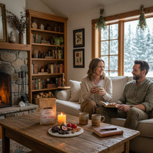 Load image into Gallery viewer, A kraft paper pouch labeled 'Love Potion' by a tray of chocolate nuts and fruit, on a coffee table with a man and woman sipping the tea in a living room by a fire.
