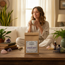 Load image into Gallery viewer, A woman on her couch pleasantly sipping a cup of hot Migraine Shield tea
