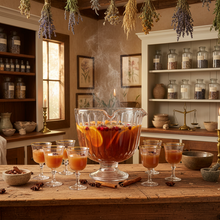 Load image into Gallery viewer, A rustic kitchen or apothecary room scene with a large glass punch bowl filled with an orange-red beverage and garnishes, surrounded by several small glasses on a wooden table. Shelves in the background are filled with glass jars, bottles, and dried herbs, with candles and steam rising in the air.
