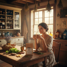 Load image into Gallery viewer, A kraft paper stand-up pouch of Vedic Tea with a white vintage-style label on the front, on a table with a woman in her apothecary
